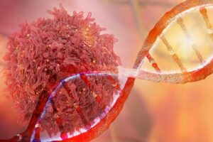 DNA-sträng och cancercell i 3D